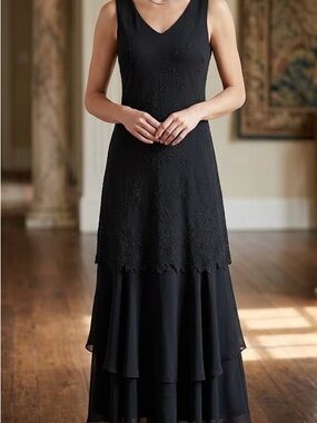 Studio 1 Black Floral Embroidered Beaded Tiered Dress Wedding Formal Cocktail